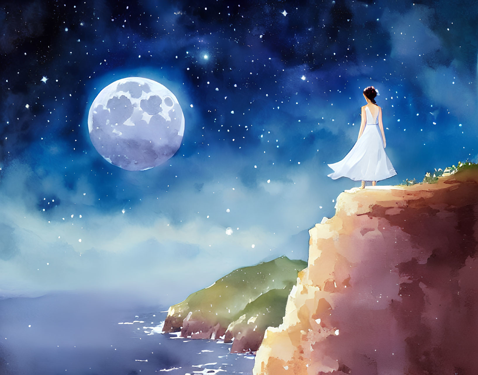 Woman in white dress gazes at luminous moon on cliff edge