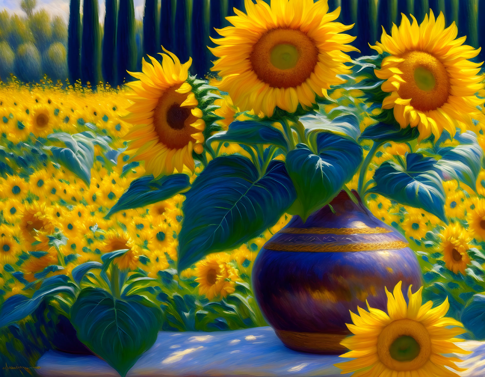 Colorful sunflower painting in brown vase against sunflower field backdrop.