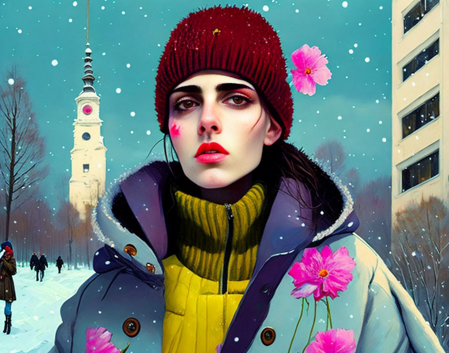 Intense Gaze Person in Red Beanie and Colorful Winter Attire in Snowy Scene