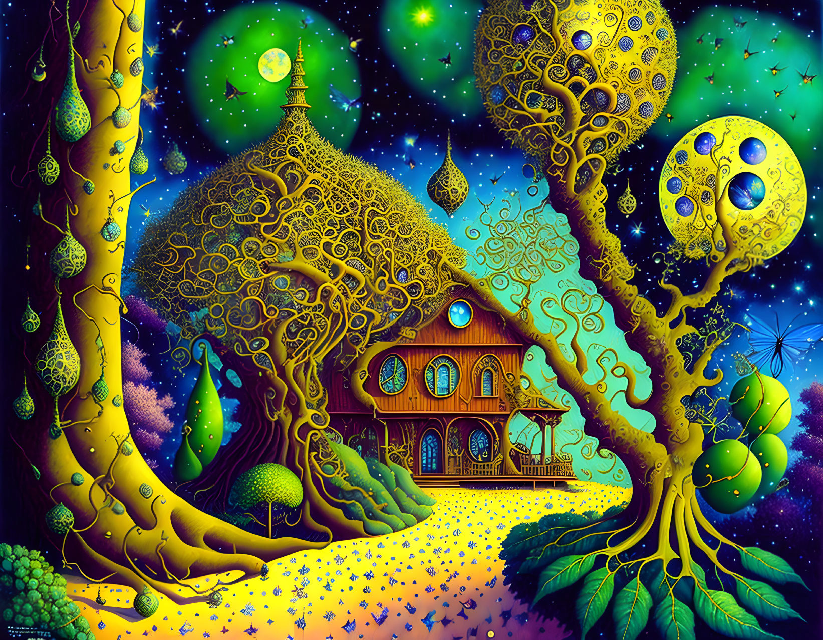 Colorful Fantasy Landscape with Surreal Trees and Cozy House