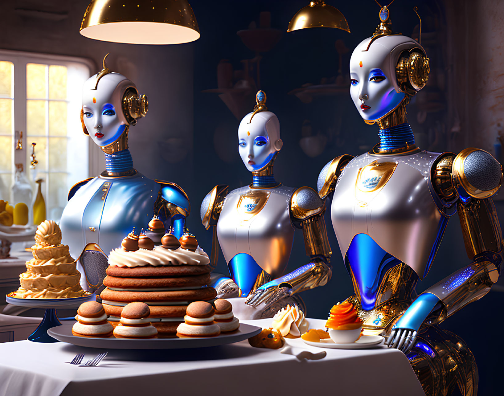 Stylized robots at table with desserts in futuristic tea party setting