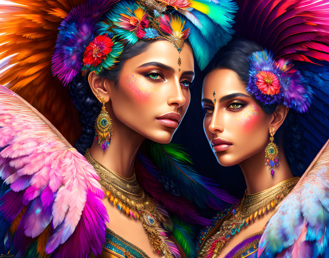 Vibrant Feather Headdresses and Elaborate Jewelry on Two Women