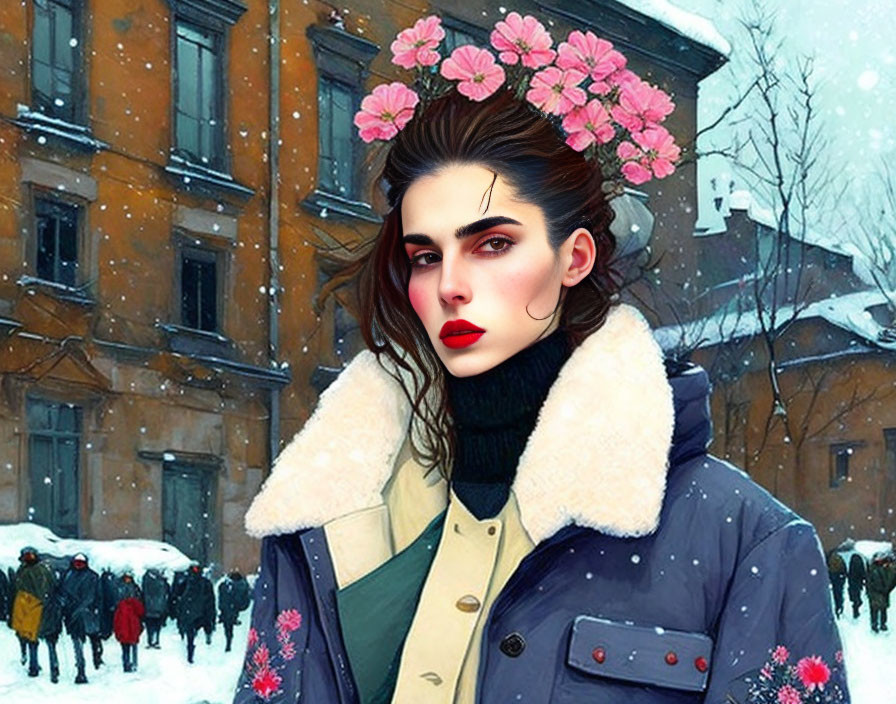 Stylized portrait of a woman with makeup and flowers on snowy street.