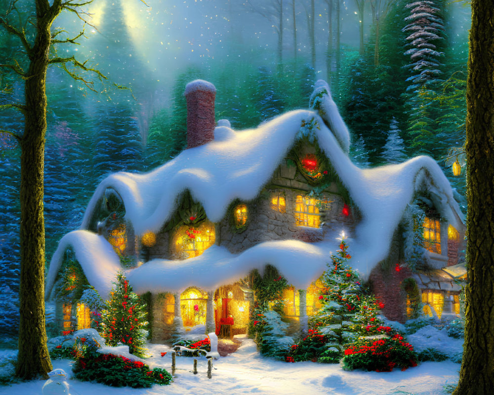 Snow-covered Christmas cottage in enchanted winter forest at twilight