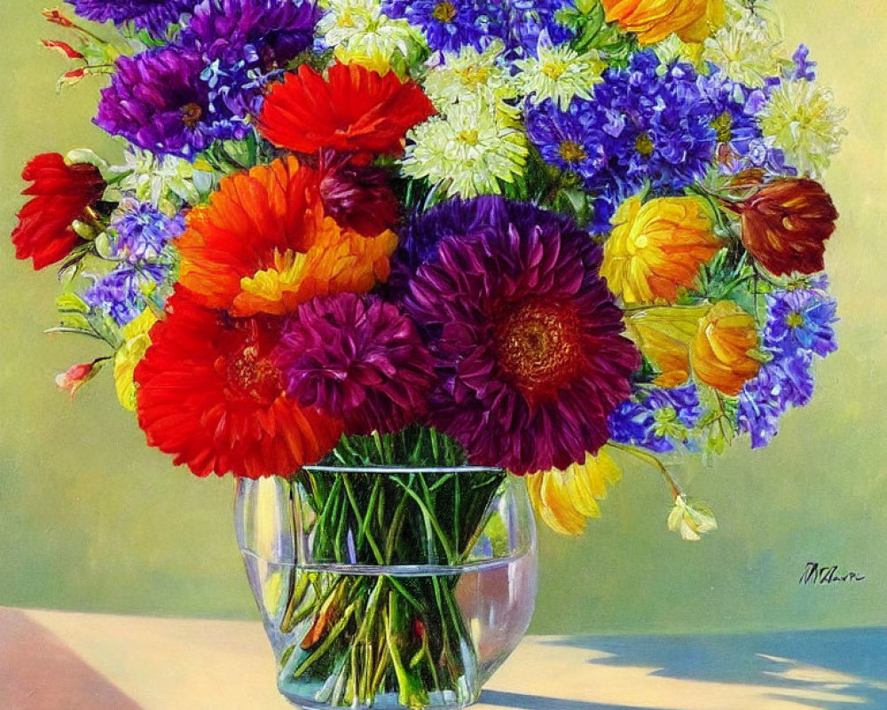 Multicolored Flower Bouquet in Clear Glass Vase on Warm Background