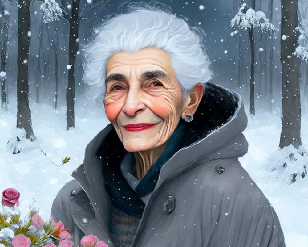 Elderly woman with white hair in gray coat in snowy forest