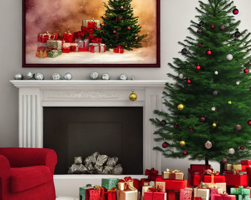 Festive Christmas room with decorated tree, fireplace, gifts, and red armchair