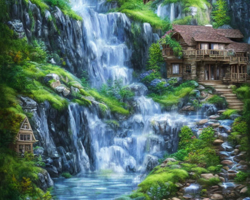 Tranquil landscape: waterfall, greenery, wooden houses