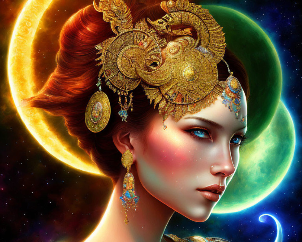 Digital artwork: Woman with golden headdress, cosmic background, crescent moons