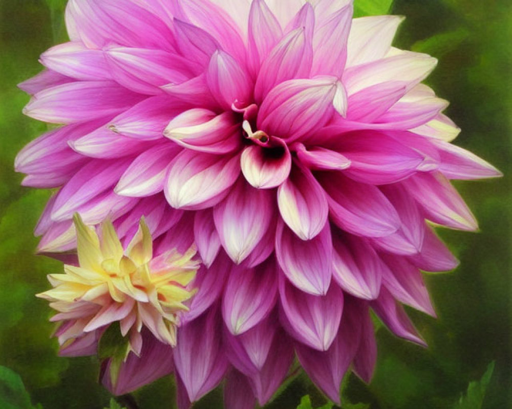 Colorful painting of large pink dahlia and yellow bloom on dark green backdrop