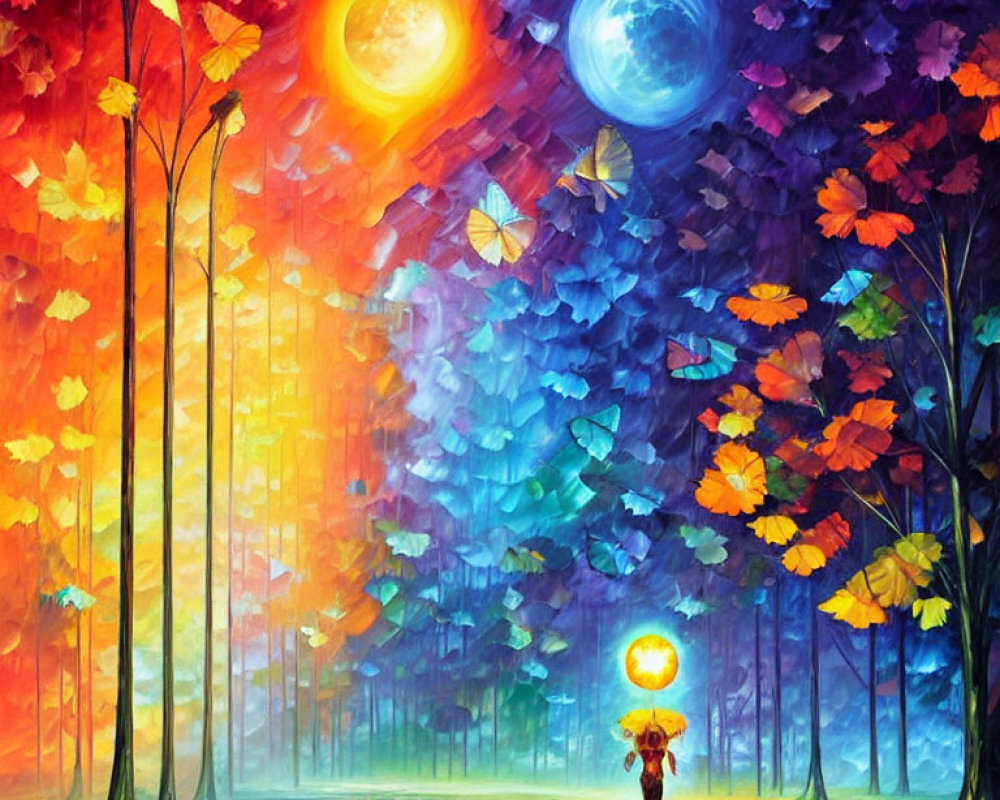 Colorful painting: Person with bright orb in fantastical forest