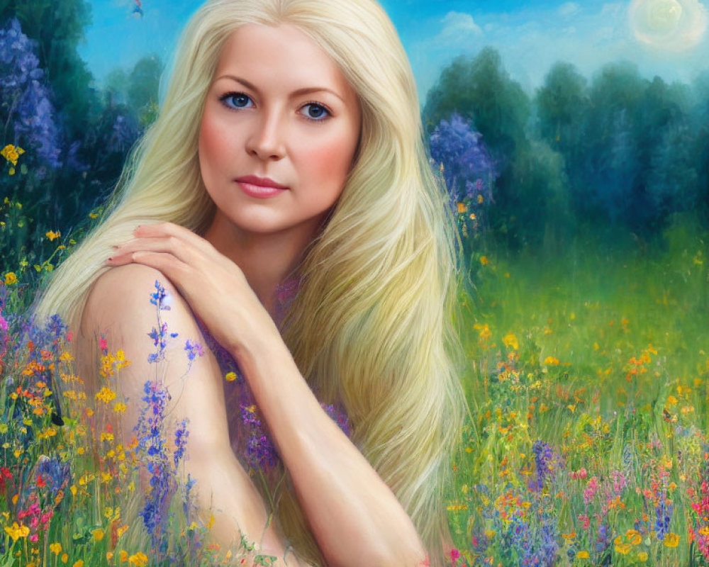 Blonde Woman Portrait in Vibrant Meadow with Colorful Flowers