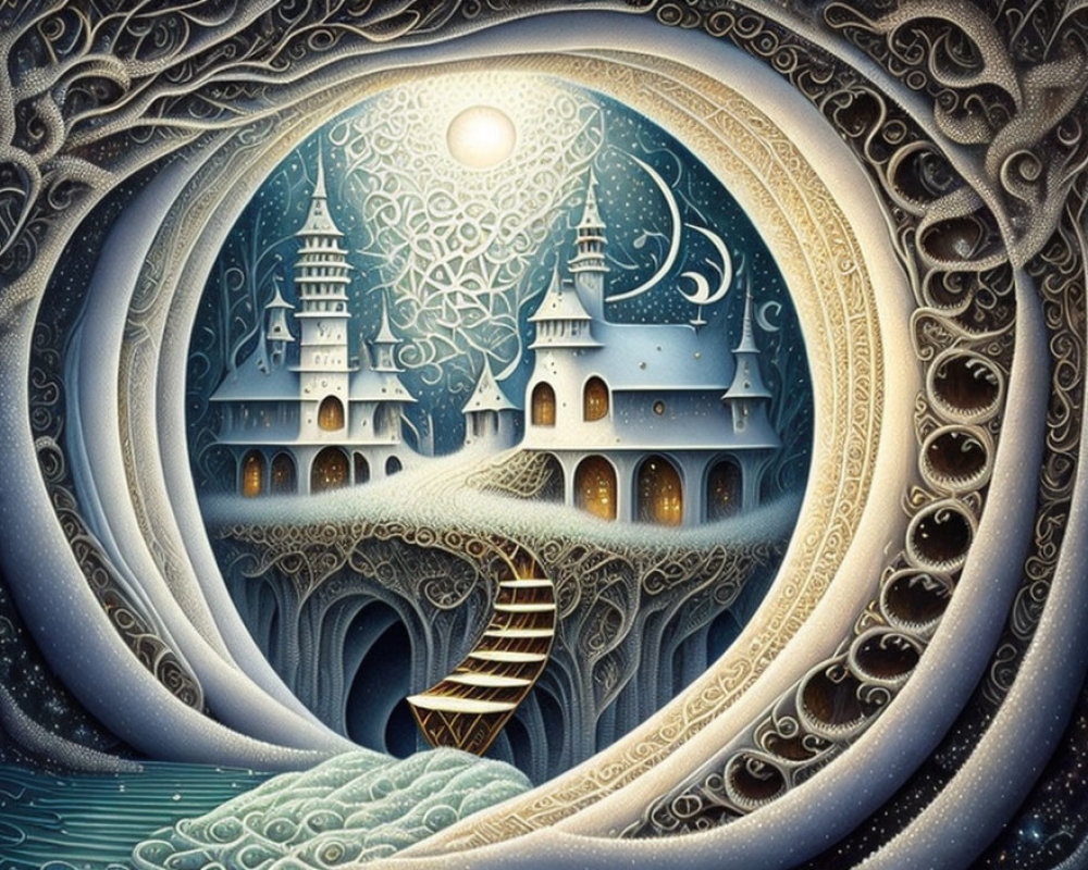 Moonlit Castle Illustration with Swirling Patterns and Ocean Waves