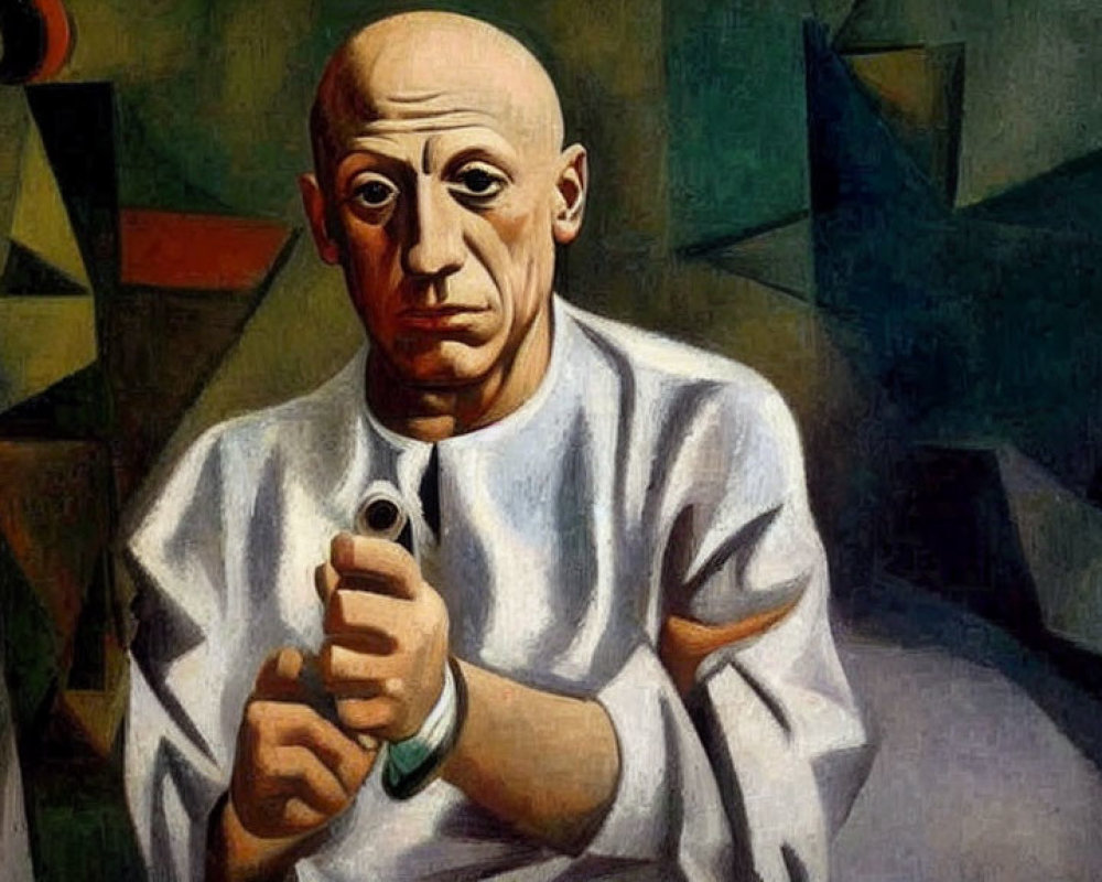 Cubist Painting of Man with Pipe in Green, Brown, and Gray