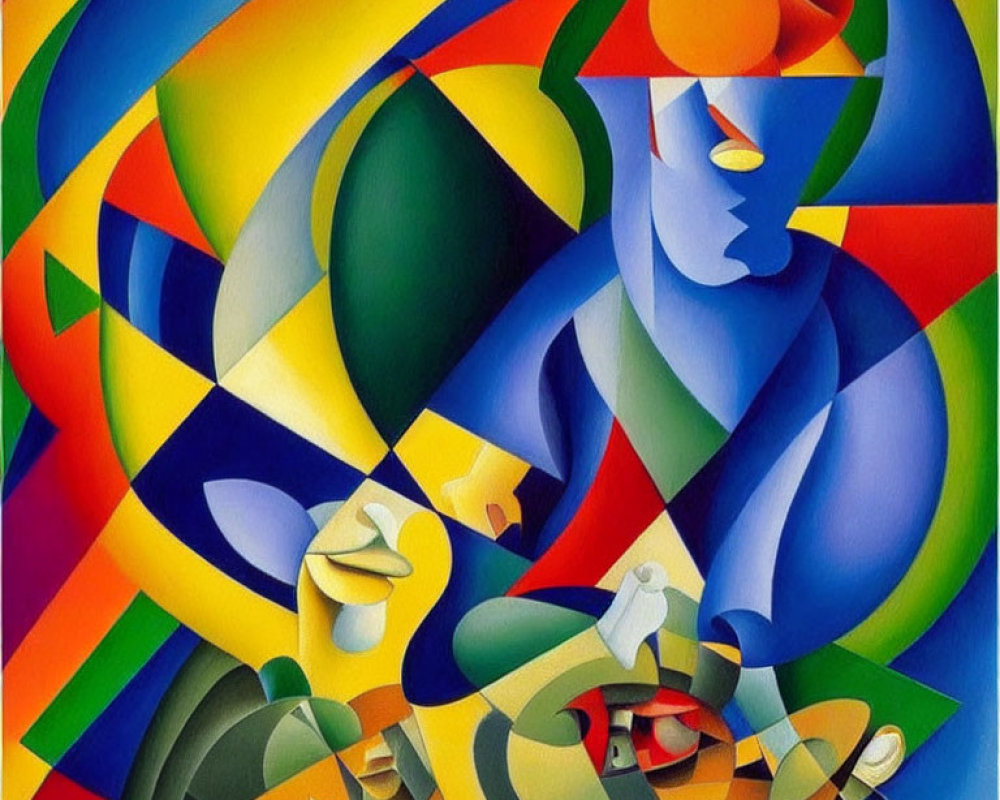 Colorful Cubist Painting with Geometric Shapes and Figure with Sun Halo