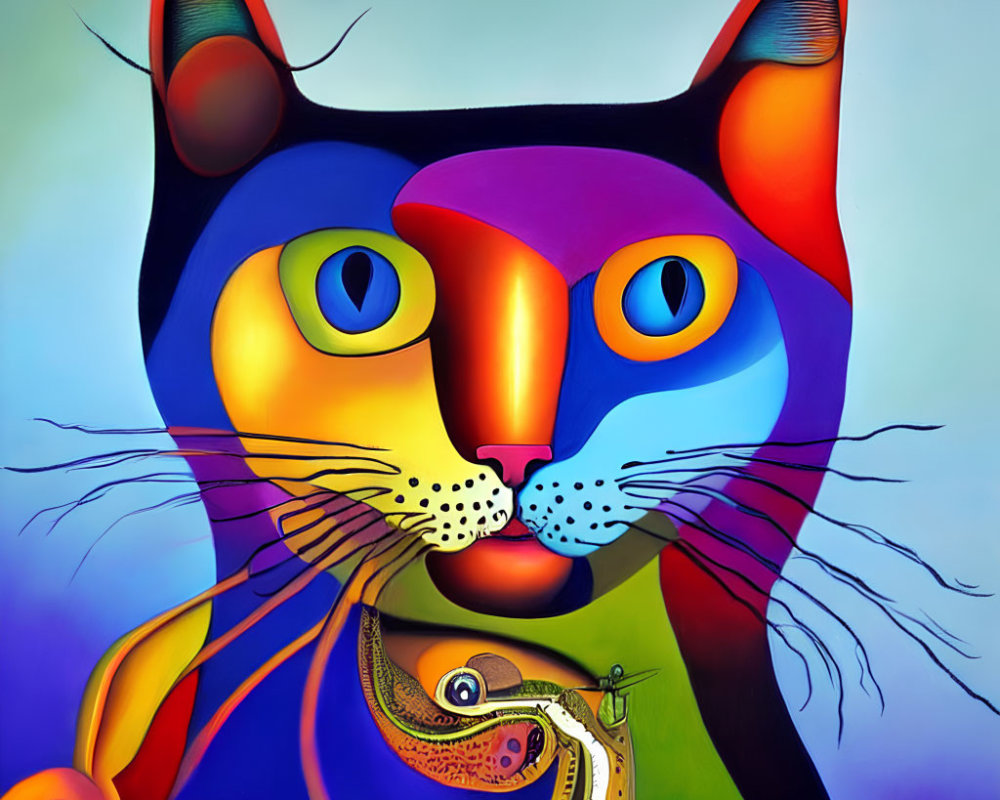 Colorful split-face cat painting with snake in mouth on gradient background