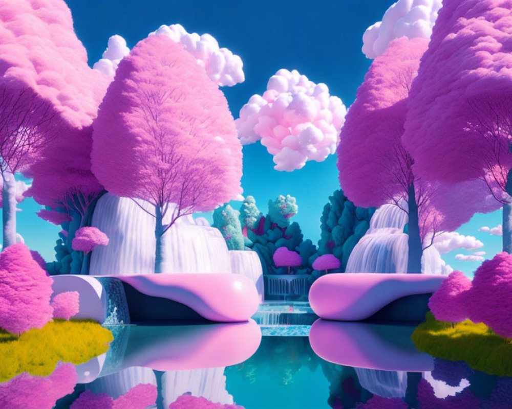 Vibrant pink foliage, turquoise waterfalls, fluffy clouds in surreal landscape