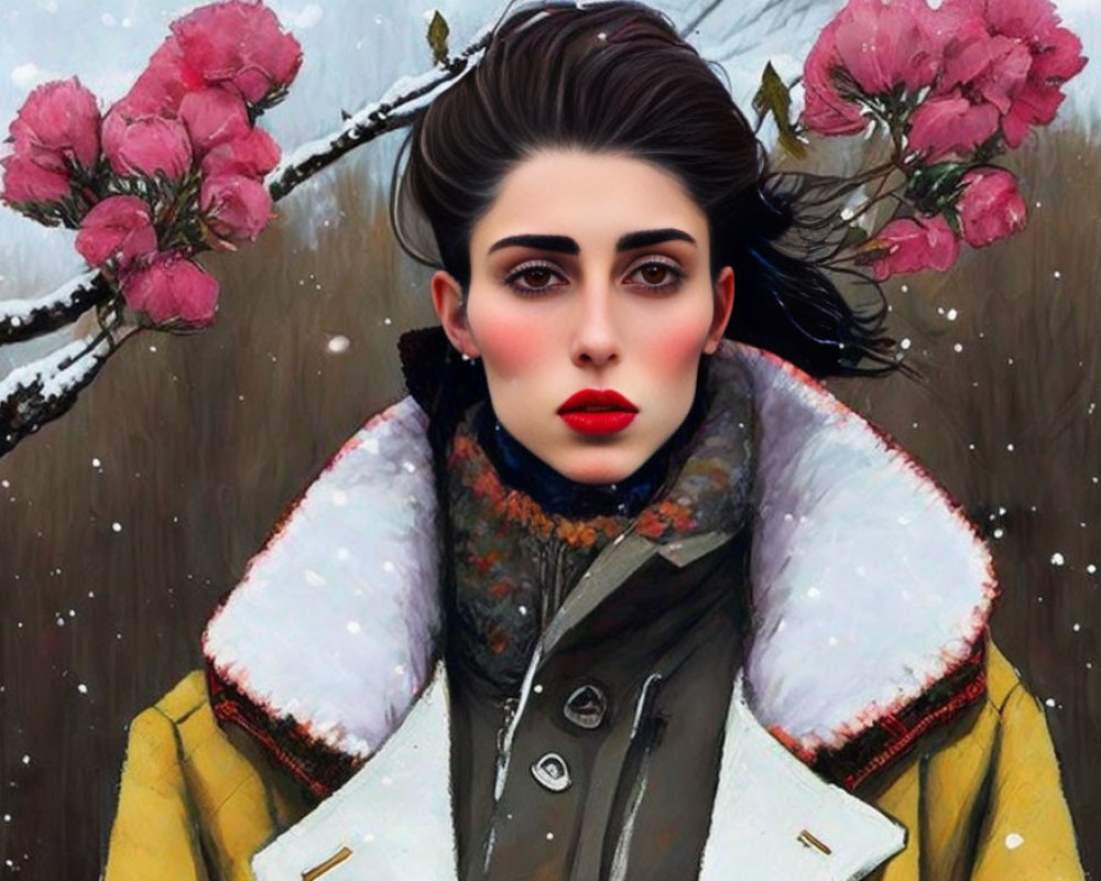 Stylized portrait of woman with striking makeup and yellow coat amid pink blossoms and snowflakes