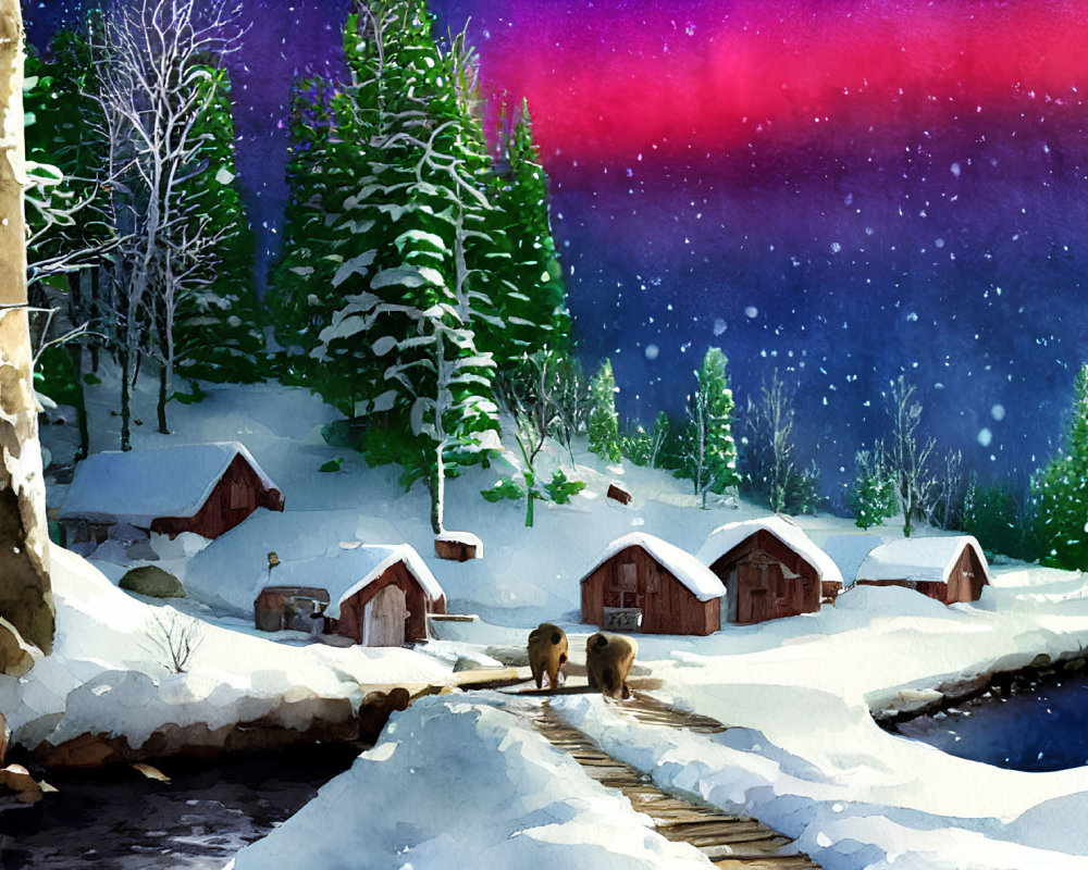 Snow-covered cabins, pine trees, starry sky, and a bear crossing a bridge in a winter