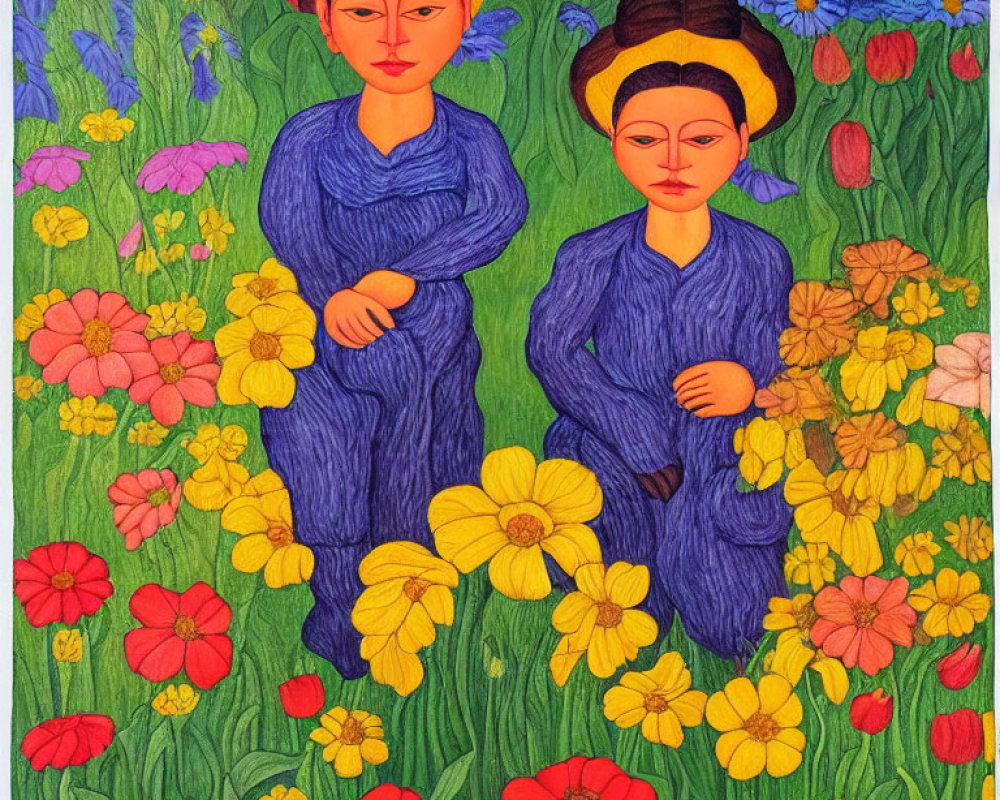 Stylized figures in blue attire among vibrant multicolored flowers