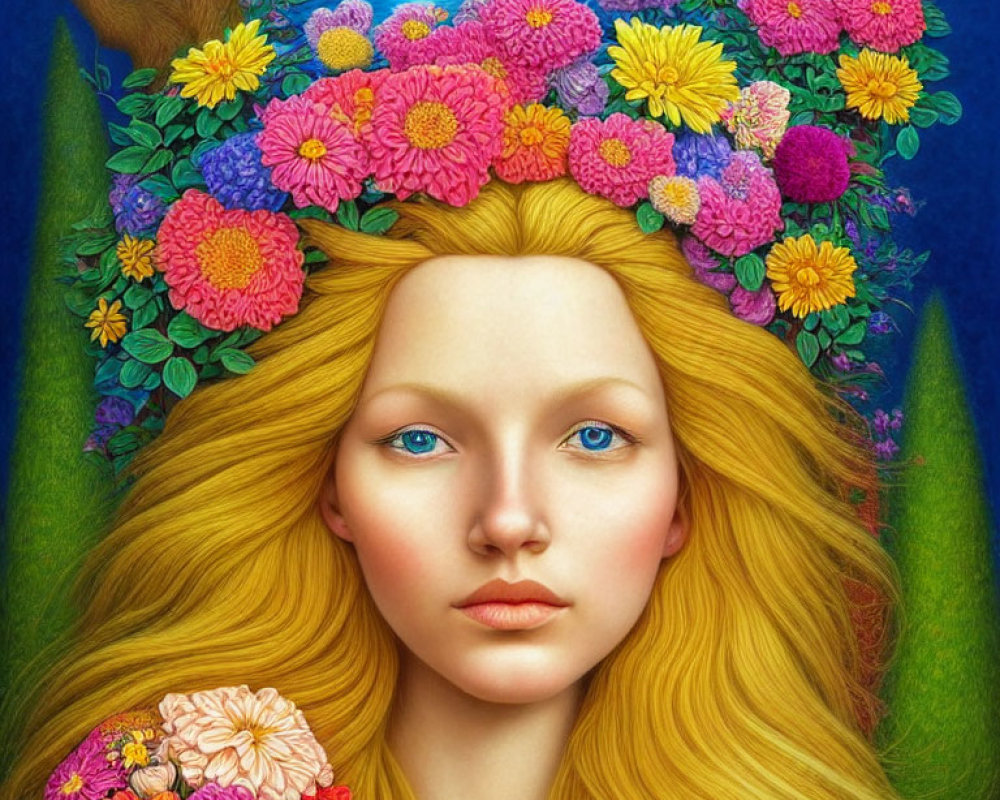Colorful illustration: Woman with golden hair and flower crown, adorned with vibrant blossoms.