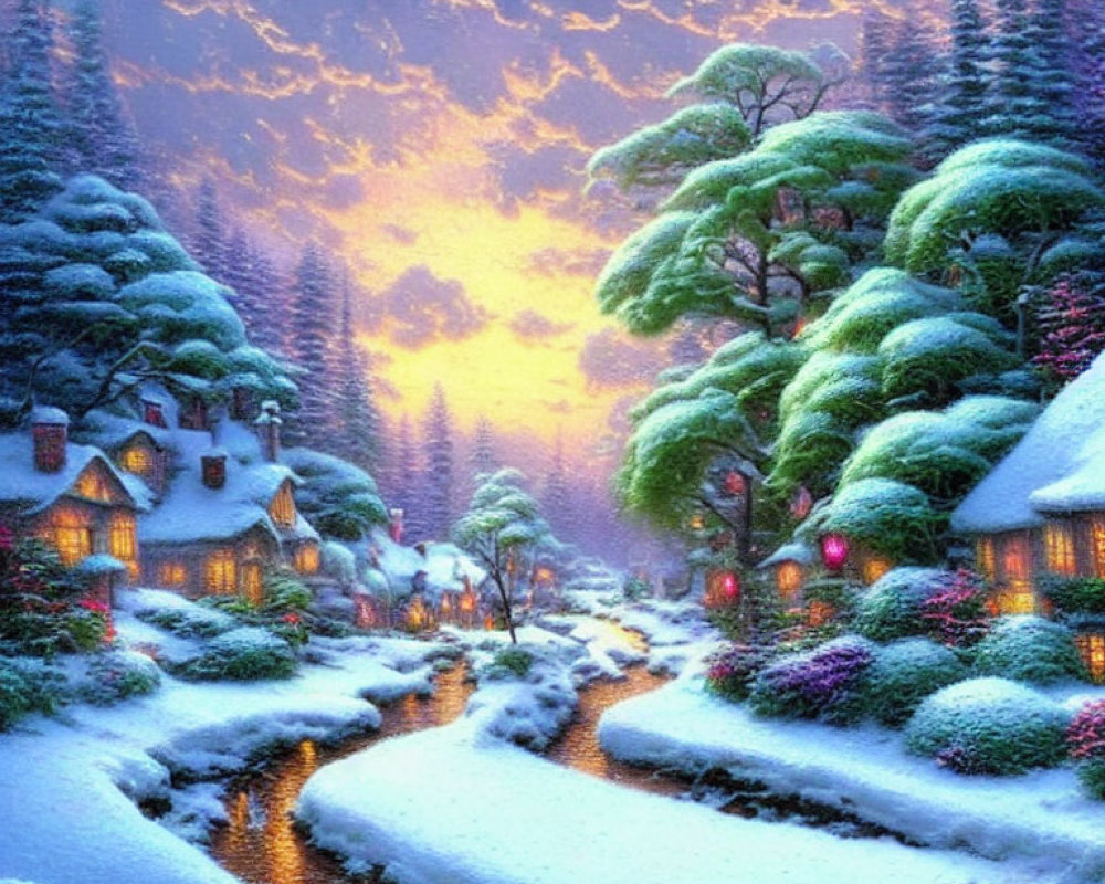 Scenic snow-covered village at sunset by a river