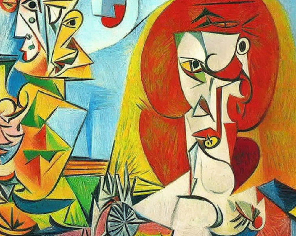 Vibrant cubist artwork featuring abstract female figures and geometric shapes