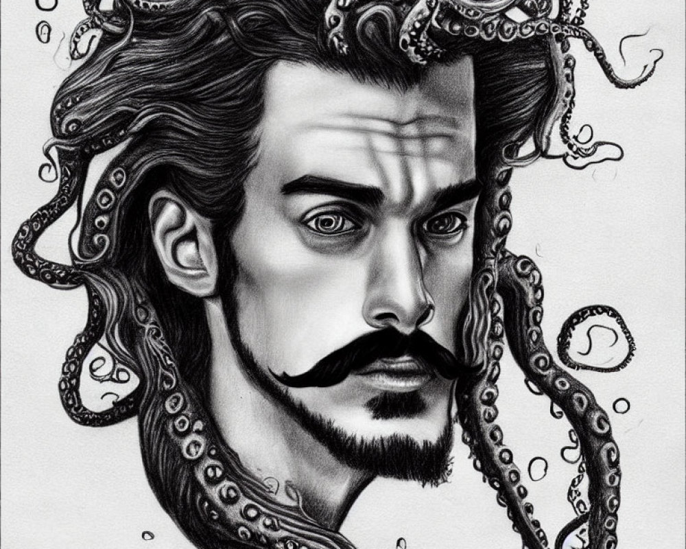 Monochrome drawing of man with tentacle hair and stylized mustache