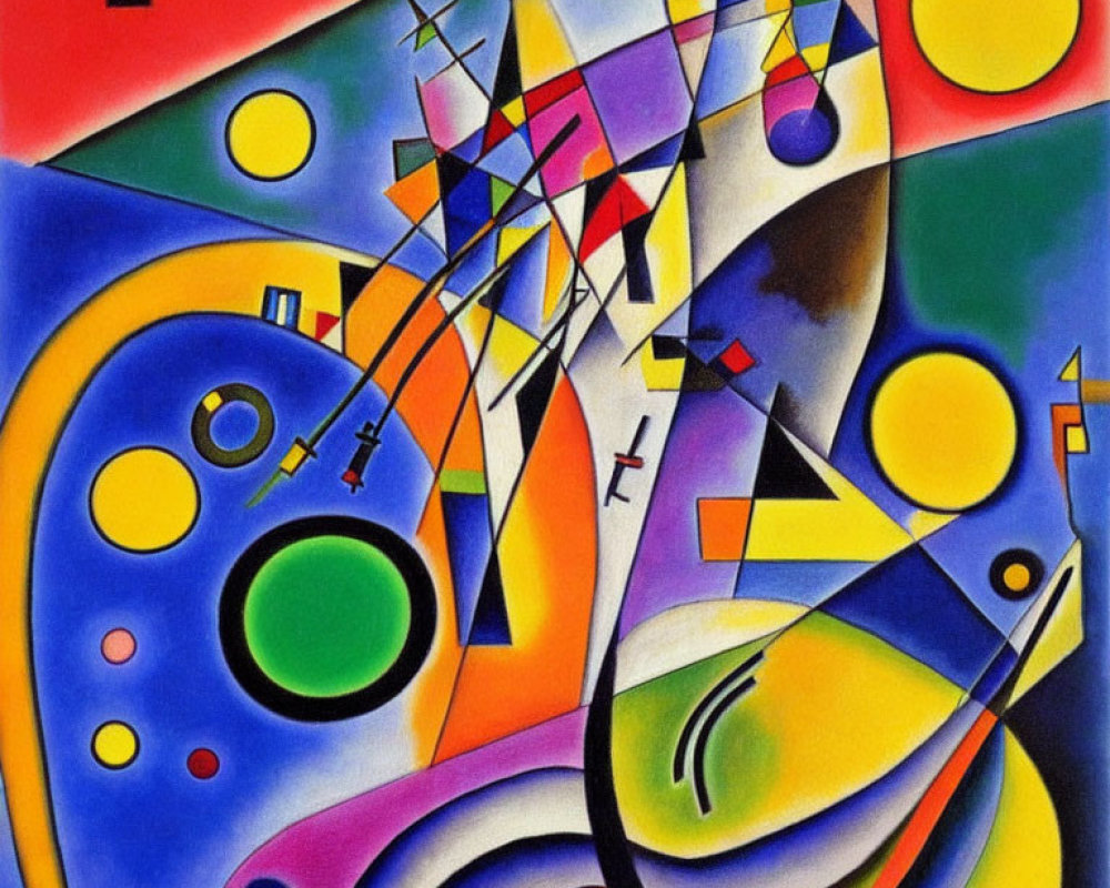 Vibrant Abstract Painting: Geometric Shapes, Circles, Dynamic Lines