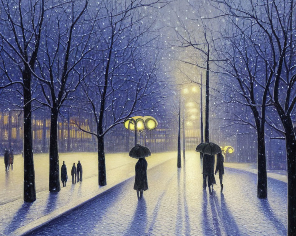Snowy Night Scene: People with Umbrellas on Street with Golden Street Lamps