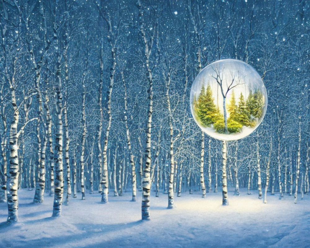 Snowy Birch Forest with Twilight Sky and Floating Bubble Scene