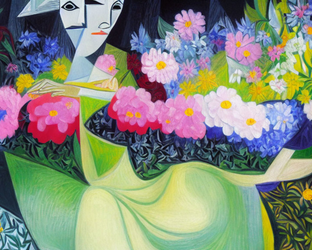 Stylized painting of a pale-faced person surrounded by vibrant flowers