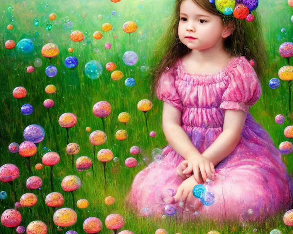 Young girl in pink dress with floral headband in grassy field with colorful bubbles