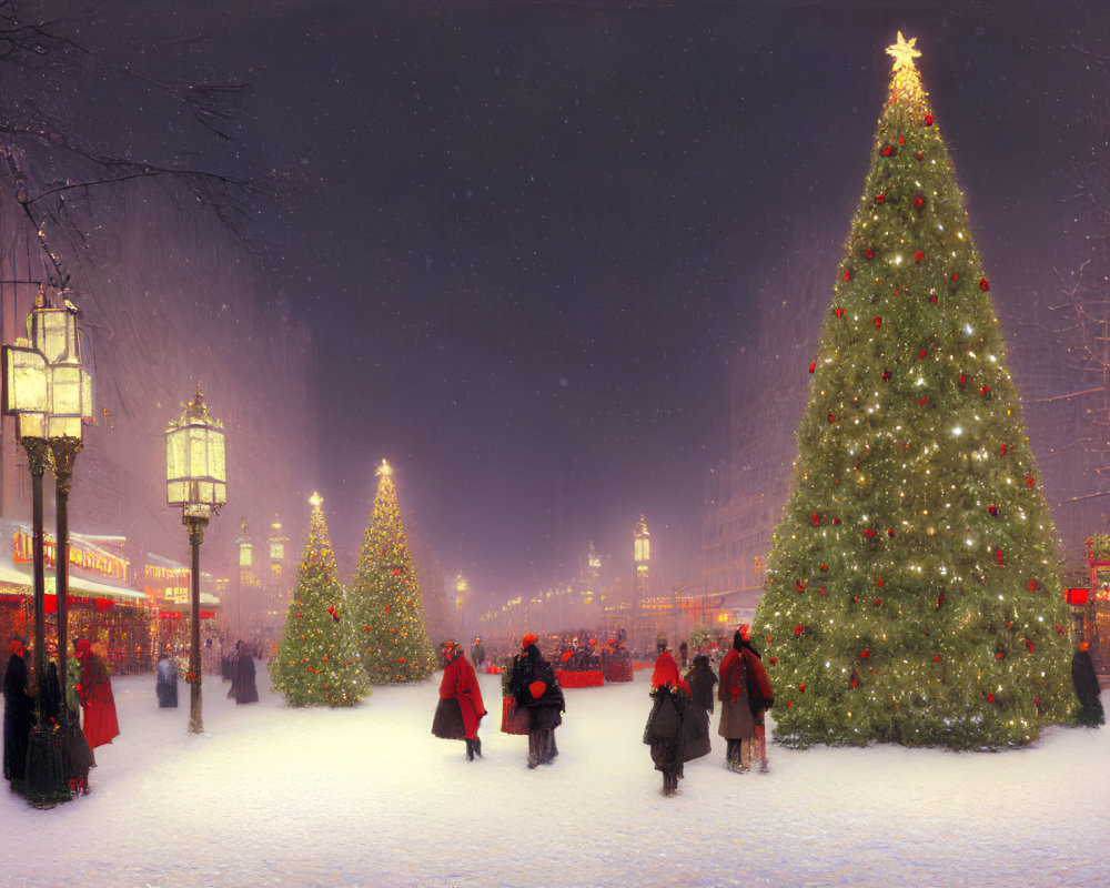 Snow-covered festive market with people and Christmas decorations