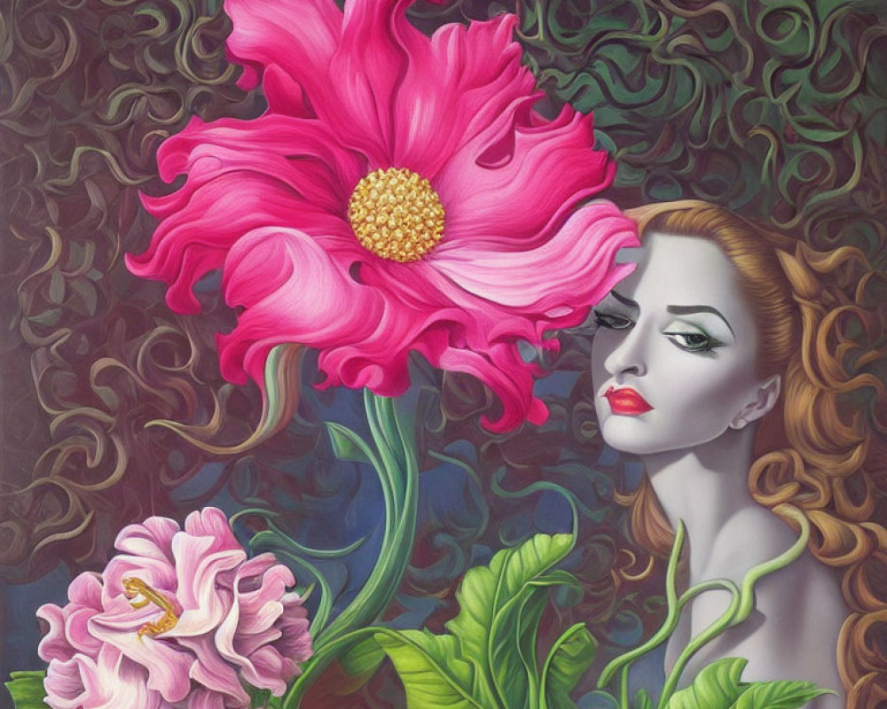 Surreal painting: Woman with pink flower head on green background