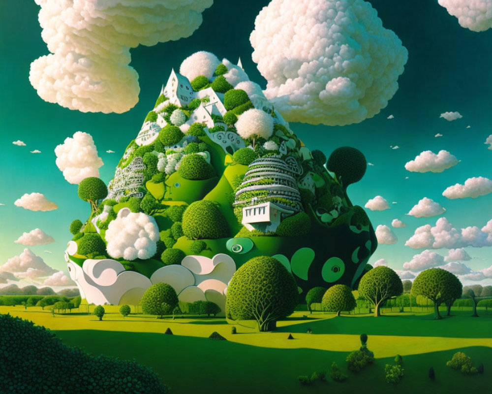 Stylized landscape painting with green mountain and cartoon-like houses