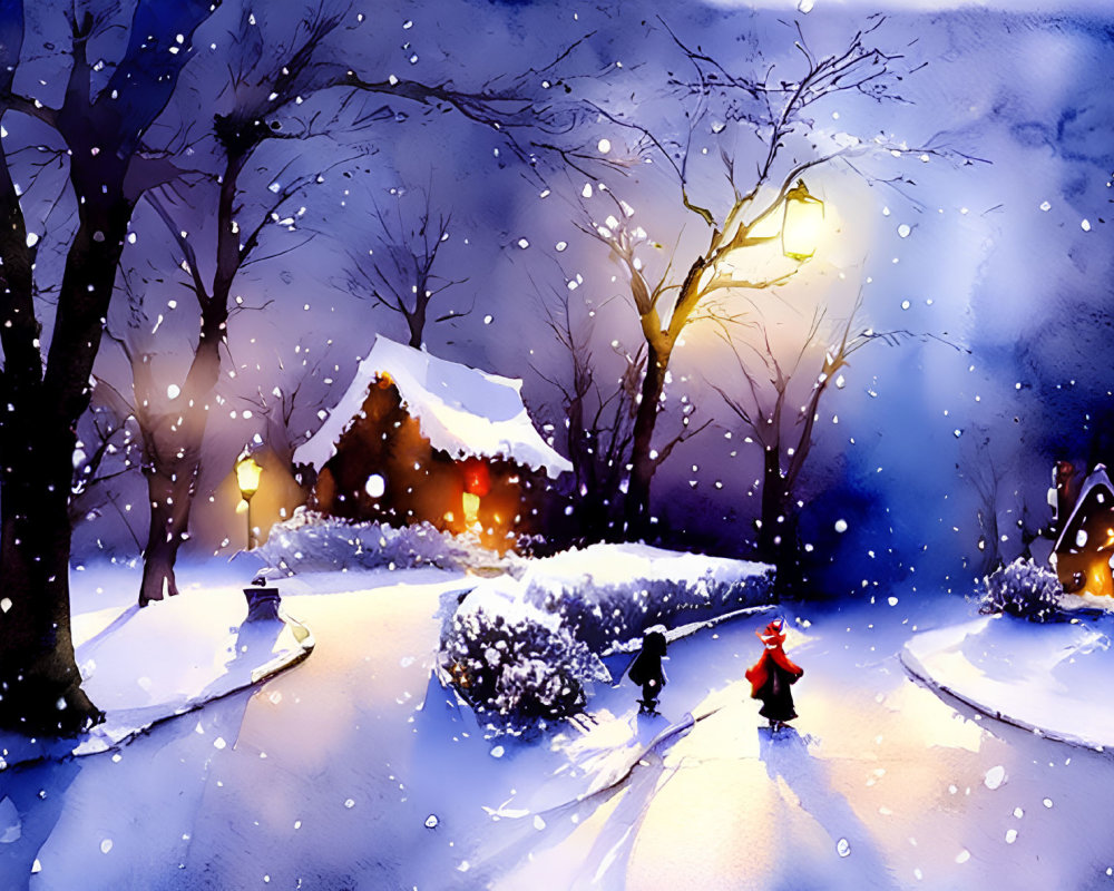 Snowy evening scene: person walking to warmly lit cottage, glowing street lamps, snow-covered trees,