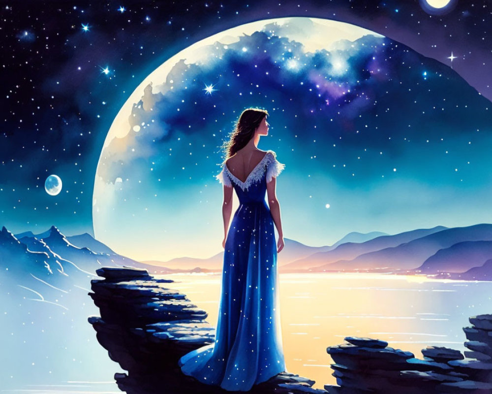 Woman in blue dress on cliff gazes at moon over serene lake