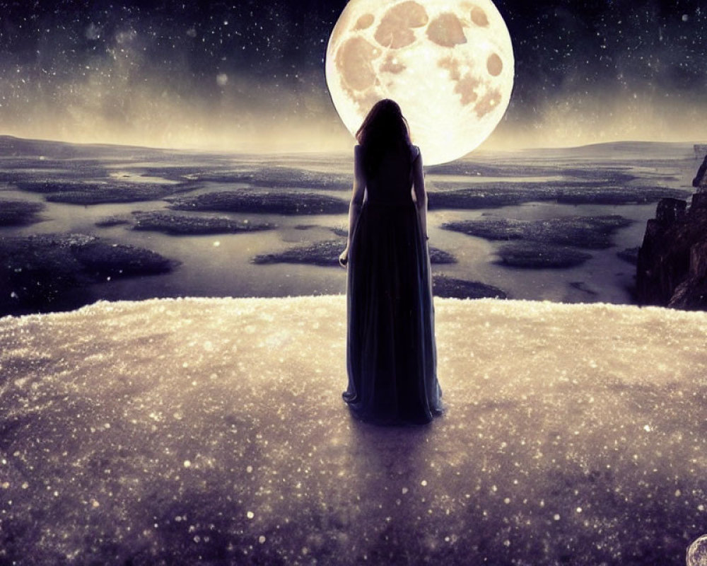 Woman in dark dress gazes at full moon over misty landscape.