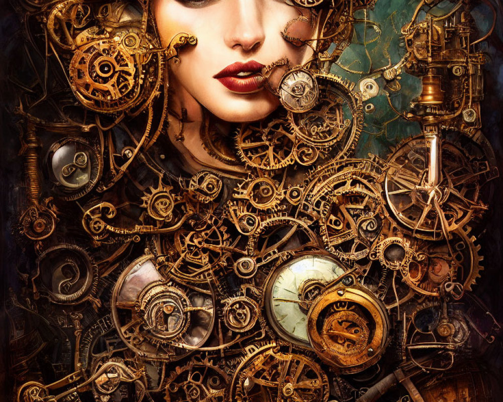 Steampunk-themed artwork featuring a woman with a top hat and monocle surrounded by gears and machinery