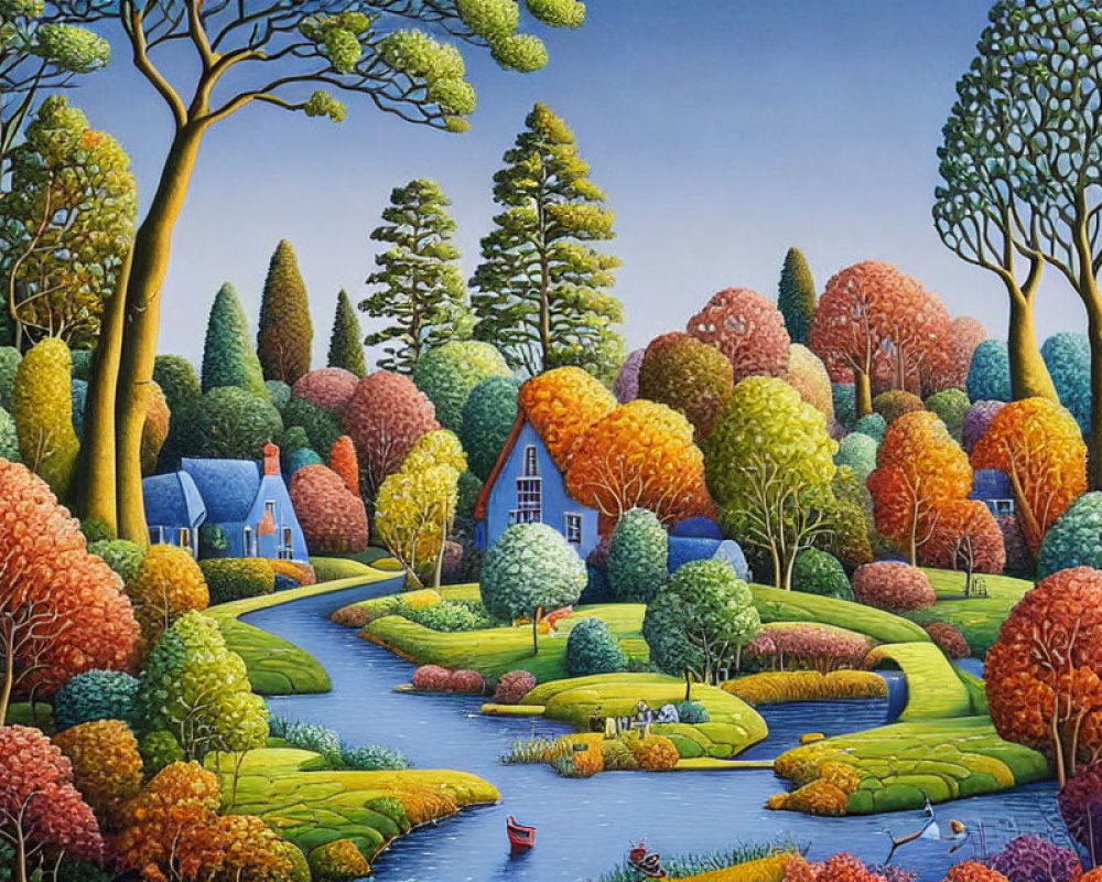 Vibrant landscape painting with house, trees, river, ducks, and blue sky