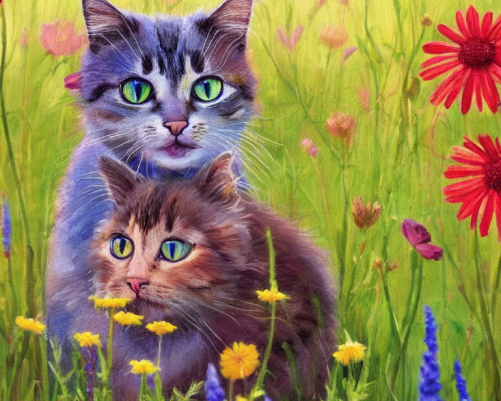 Two Cats with Striking Green Eyes Amid Colorful Wildflowers