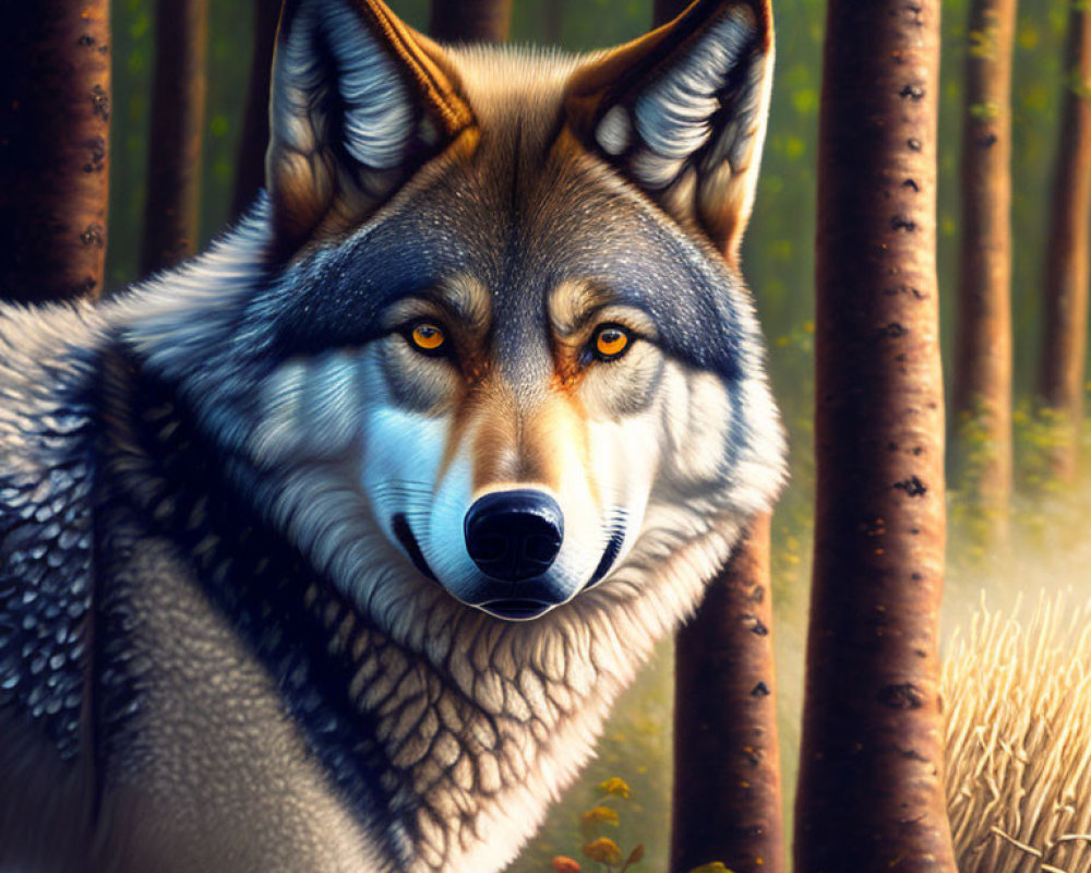 Realistic wolf head digital illustration with piercing eyes in forest backdrop