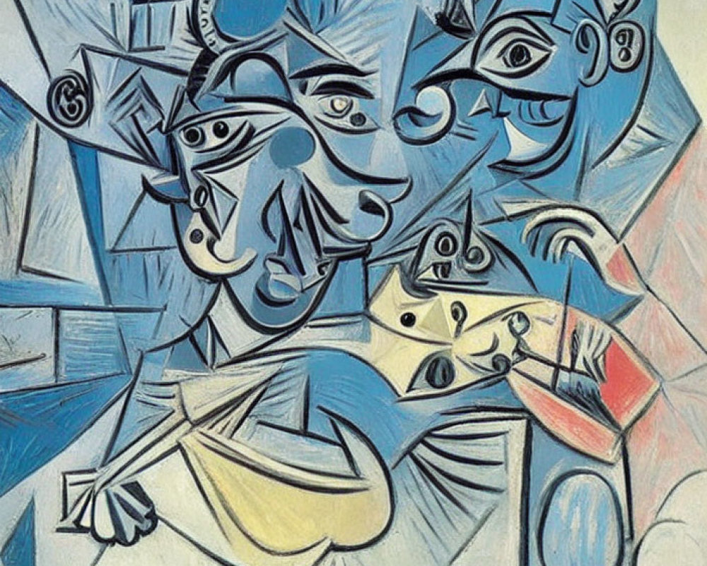 Cubist abstract painting with fragmented faces and shapes in blues and whites