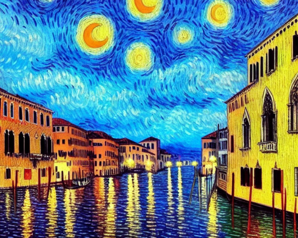 Impressionist Painting: Starry Night Sky Over Canal with Vibrant Colors