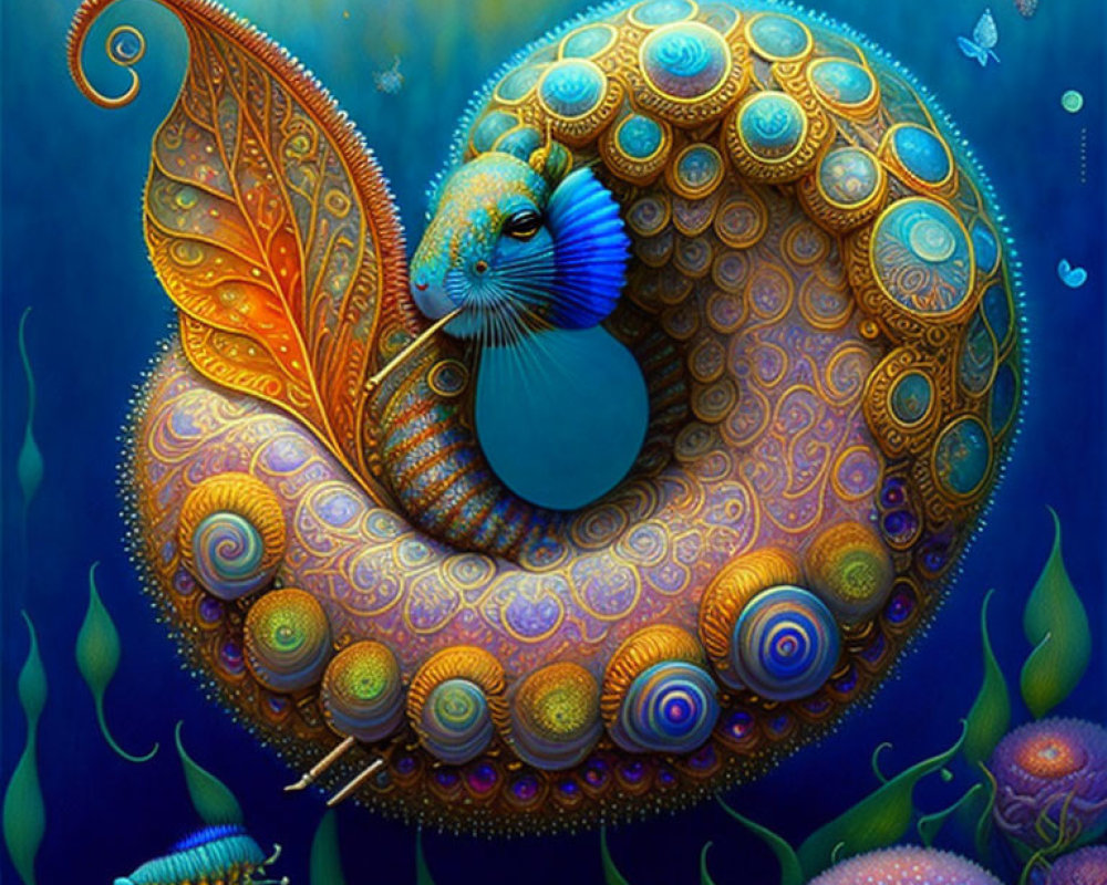 Colorful digital artwork of a coiled sea creature with leaf-like fin in deep blue ocean.