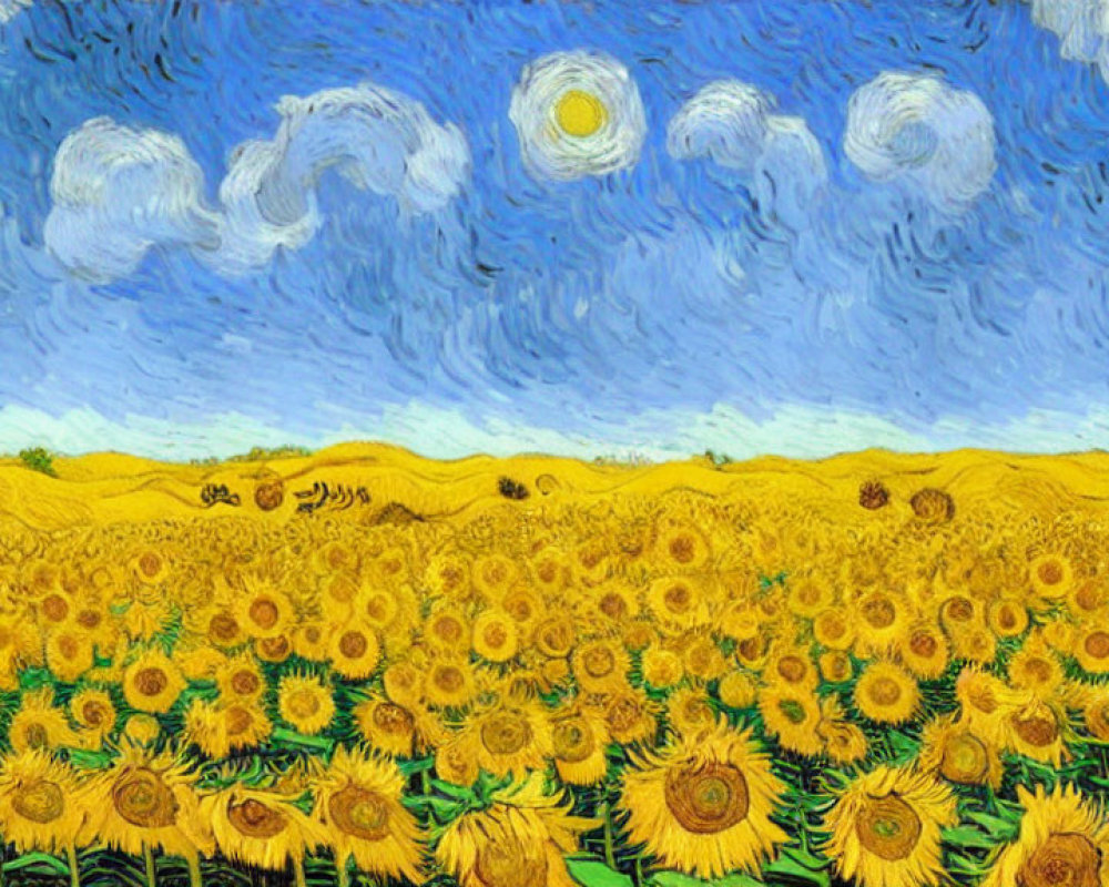 Sunflower Field Painting with Swirling Sky and Thick Brush Strokes