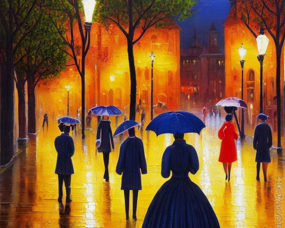 Rainy Street Scene: People with Umbrellas on Lamp-Lit, Twilight Street