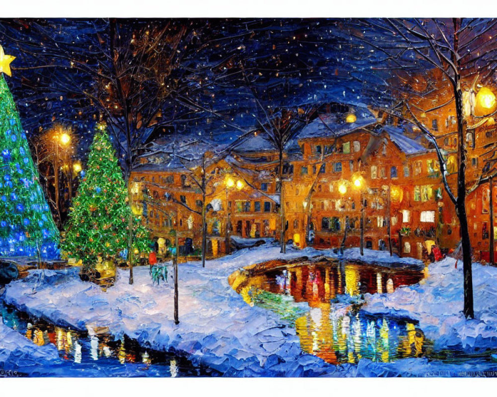 Snowy cityscape painting with illuminated Christmas tree and colorful reflections.