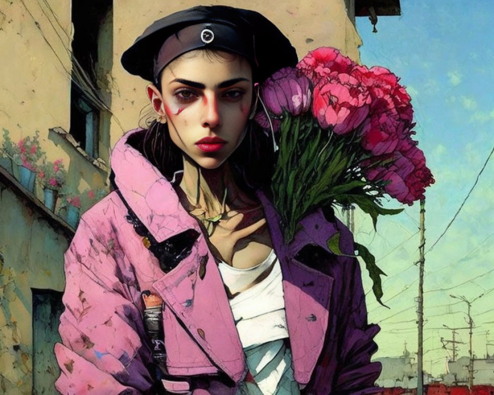 Stylized illustration of woman in black beret with pink jacket and bouquet in urban setting